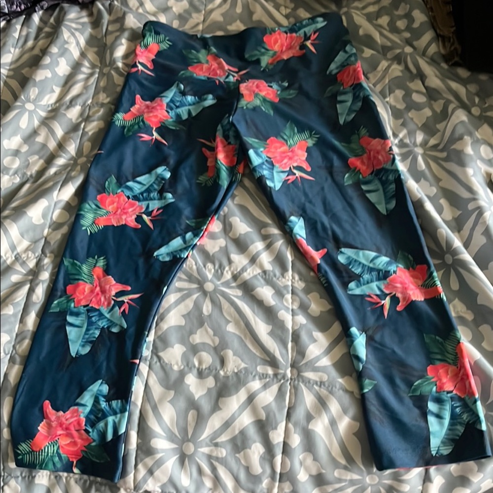 Lorna Jane Blue and Pink Leggings Tropical Pattern